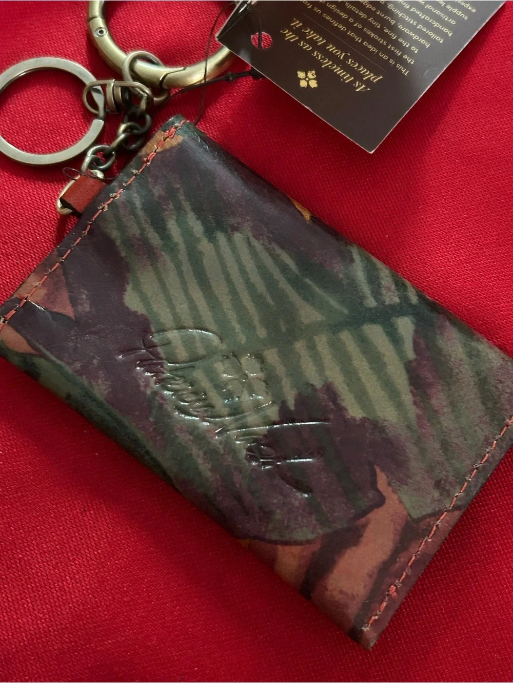 Patricia Nash Green and Brown Tropical Leather Card Wallet keychain